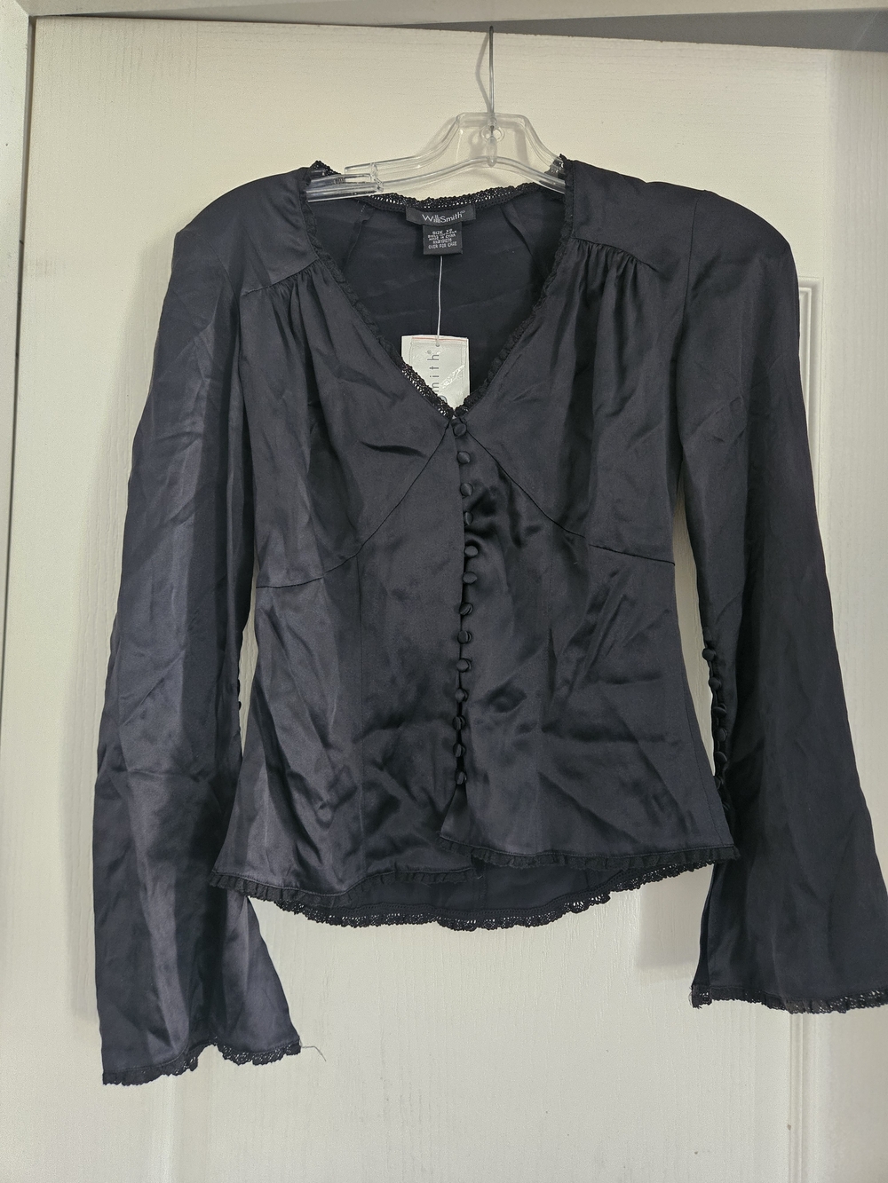 Black Silk Button-Front Top with Bell Sleeves